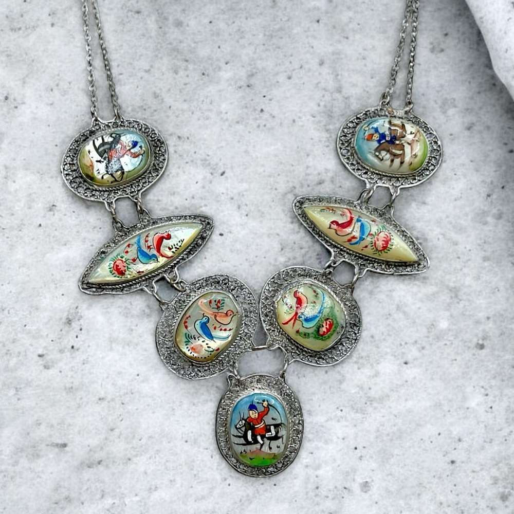 🌺 Antique Persian Hand-Painted Mother of Pearl Necklace & Earrings - Picture 12 of 15